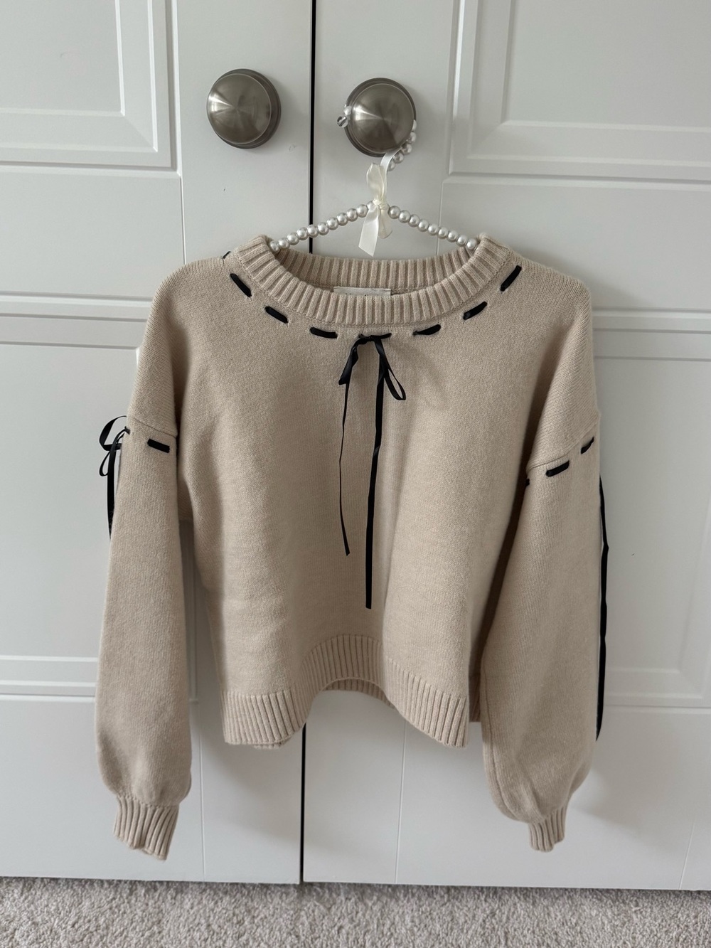 Neutral Ribbon-Trim Crewneck Sweater